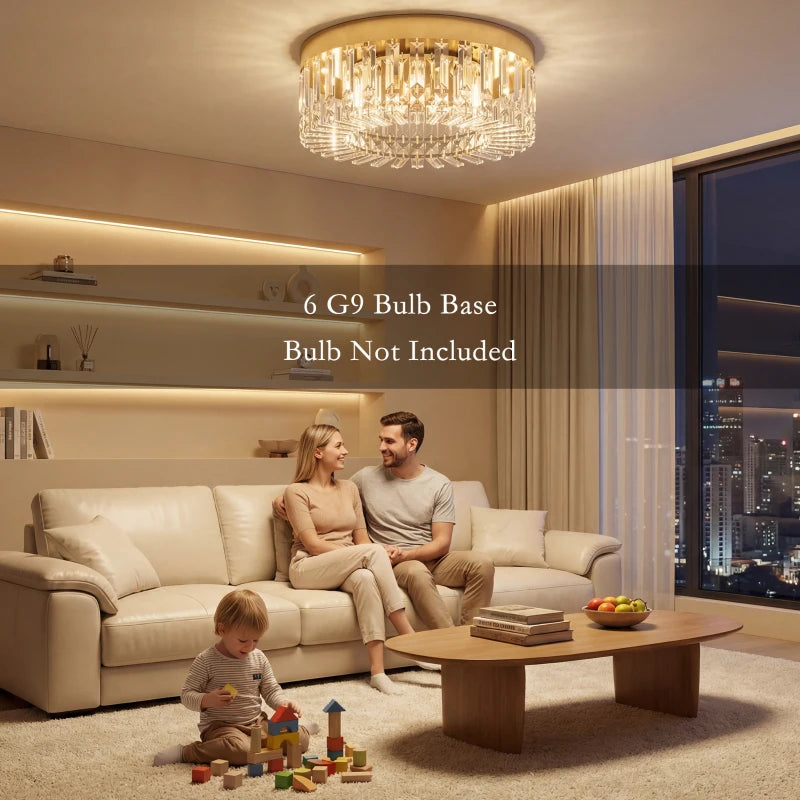Gold-tone flush ceiling chandelier with clear crystal drops and faceted frame