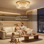 Gold-tone flush ceiling chandelier with clear crystal drops and faceted frame