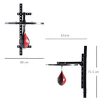 Wall-mounted speed bag frame with hanging red/black speed bag and size guides.