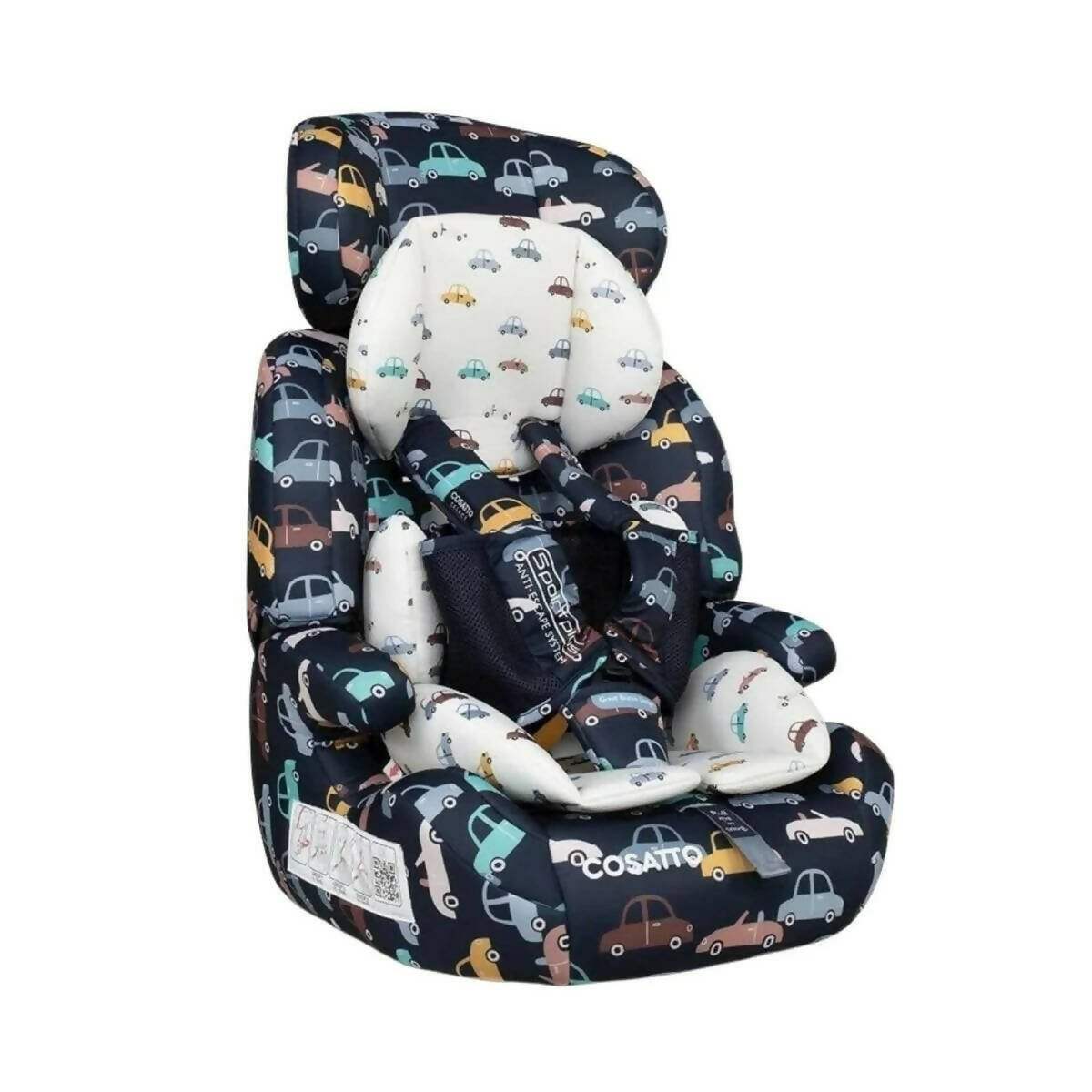 Group 1-3 car seat with navy car print fabric and light padded headrest