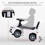 White toddler ride-on car with anti-overbackward device; front wheels and handle