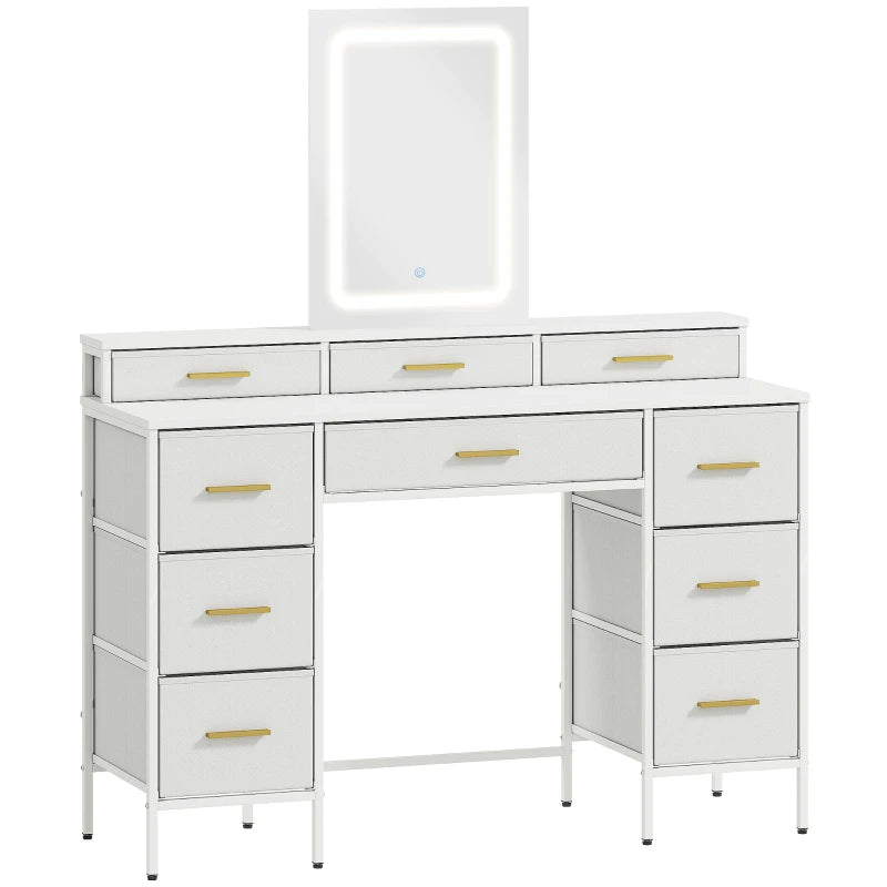 White dressing table with LED mirror and gold-handled drawers
