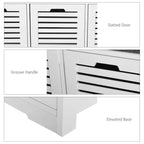 White shoe storage bench detail with slatted drawer panels and groove handles