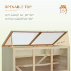 Wooden hamster cage with openable top mesh panels and support bar for different angles