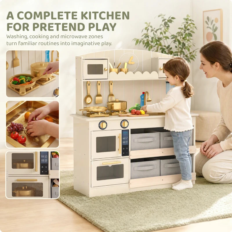 Cream pretend play kitchen with oven doors, stovetop, and built-in storage compartments