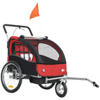 Red two-seat bike trailer stroller with black mesh sides and orange safety flag