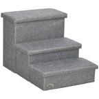 Light grey 3-step pet stairs with upholstered top storage bench and three steps