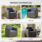 Rattan armchair with navy cushion and mixed brown wicker frame, front corner view.