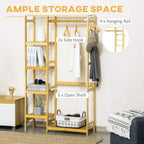 Bamboo clothes rack with hanging rail, four side hooks, and open storage shelves