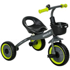 Kids black tricycle with lime handle grips, rear basket, and three-wheel design
