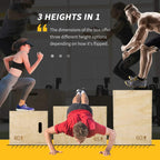 Natural wooden plyometric jump box shown during training with multiple box heights