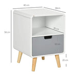 White nightstand with open shelf and gray drawer, rounded edges, light wood legs