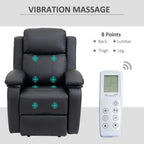Black massage recliner chair with remote control, showing 8 vibration massage points