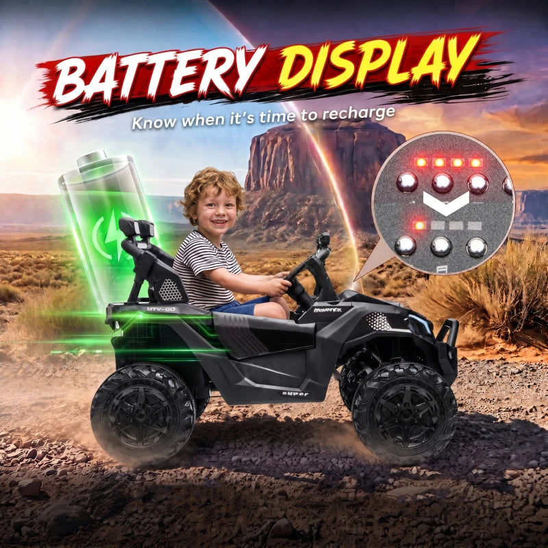 Black two-seater ride-on truck UTV with battery indicator lights, outdoor driving scene