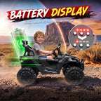 Black two-seater ride-on truck UTV with battery indicator lights, outdoor driving scene