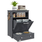 Grey pet feeder cabinet with raised stainless steel bowls and open storage door
