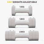 White adjustable dumbbells showing three weight settings with stacked end sections