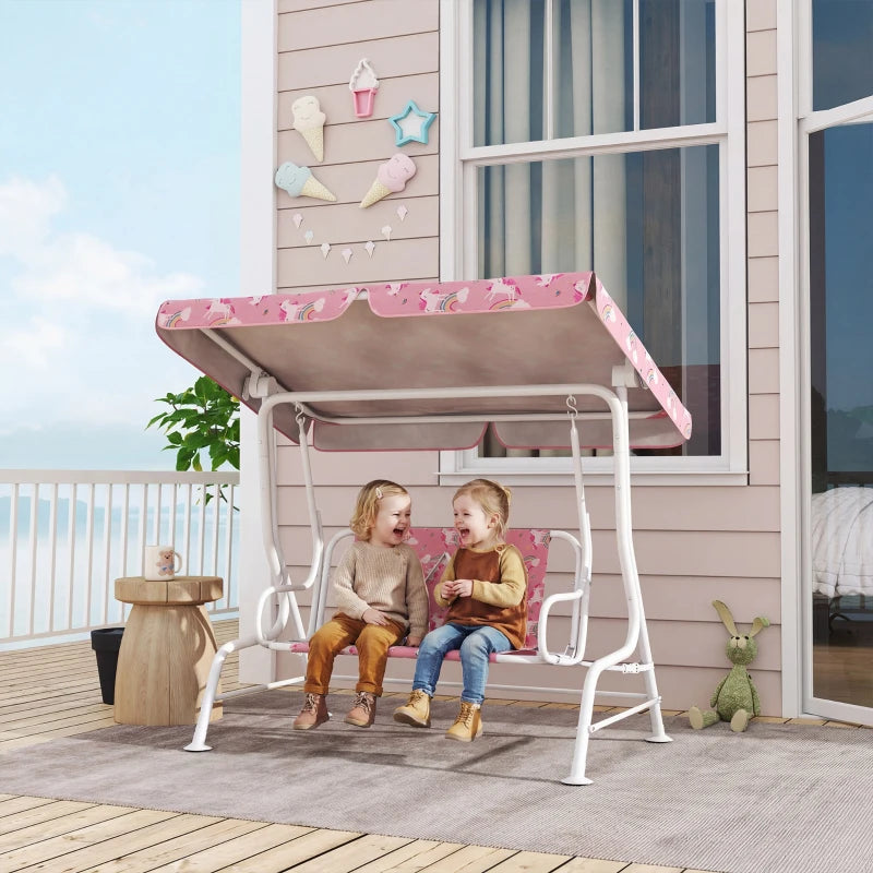 Kids pink 2-seat porch swing bench with adjustable canopy and side armrests