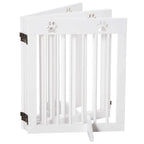 White freestanding pet gate with vertical bars, paw-print top panels, and folding hinges