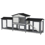 Light grey 2-tier rabbit hutch with double side runs, wire mesh panels and black roofs