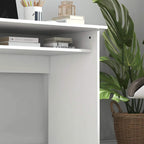 White wood-grain desk with open upper shelf and recessed cabinet space
