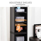Black media storage shelf unit with open compartments and adjustable shelves