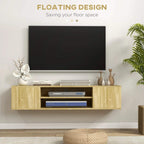 Wall-mounted floating TV stand with open media shelf and natural wood cabinet doors