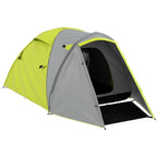 Two-person dome camping tent with front porch, lime yellow and gray, open entrance