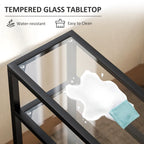 Tempered glass tabletop on a black 3-tier side table with open metal shelves.