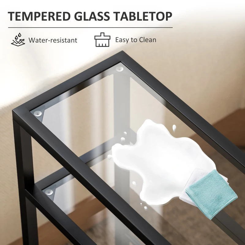 Tempered glass tabletop on a black 3-tier side table with open metal shelves.