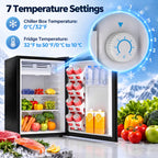 Black mini fridge temperature control dial inside with chiller and fridge temperature settings.