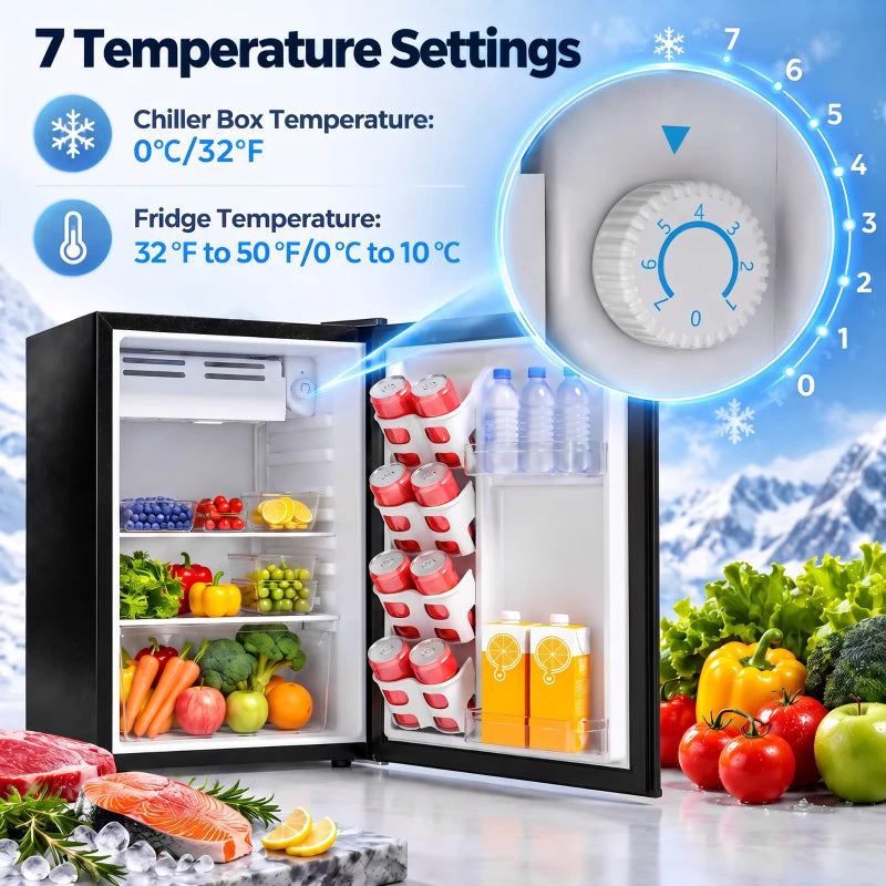 Black mini fridge temperature control dial inside with chiller and fridge temperature settings.