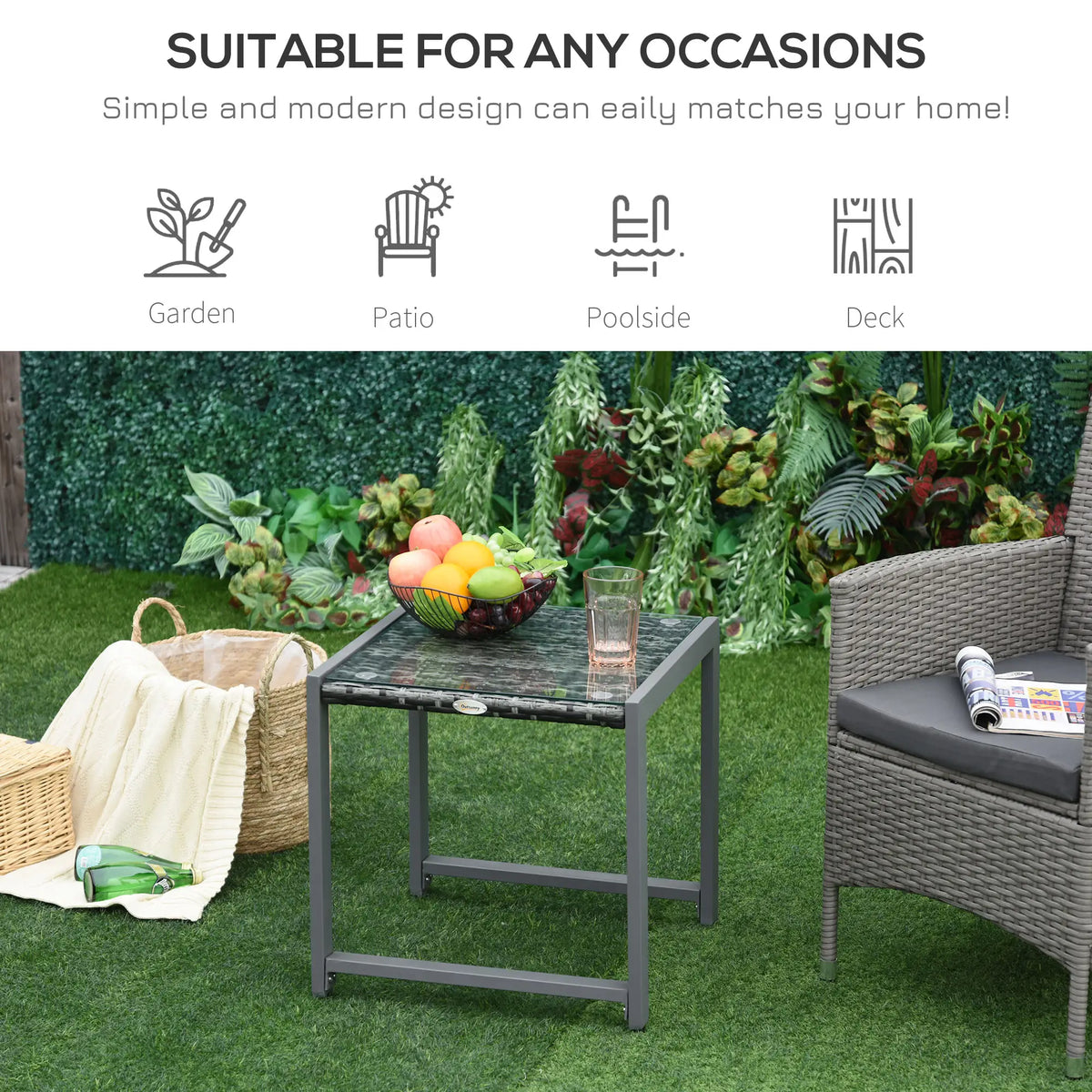 Grey wicker end table shown in a garden patio setting