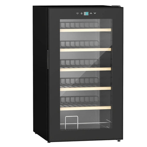 Freestanding black wine cooler fridge with glass door and visible storage racks