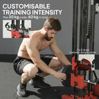 Adjustable resistance power tower weight stack with numbered plates, black and red.