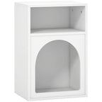White bedside table with two open compartments: top shelf and arched lower opening