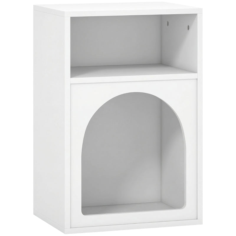 White bedside table with two open compartments: top shelf and arched lower opening