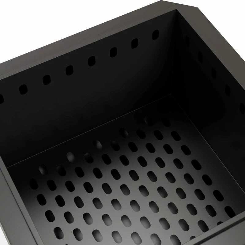 Square metal fire pit interior tray with multiple vent holes along the base