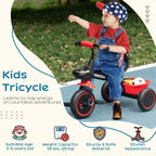 Kids tricycle with red body, black seat, and front basket, with child on pavement