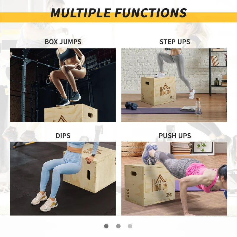 Natural wooden plyometric box for multi-exercise training with HOMCOM logo