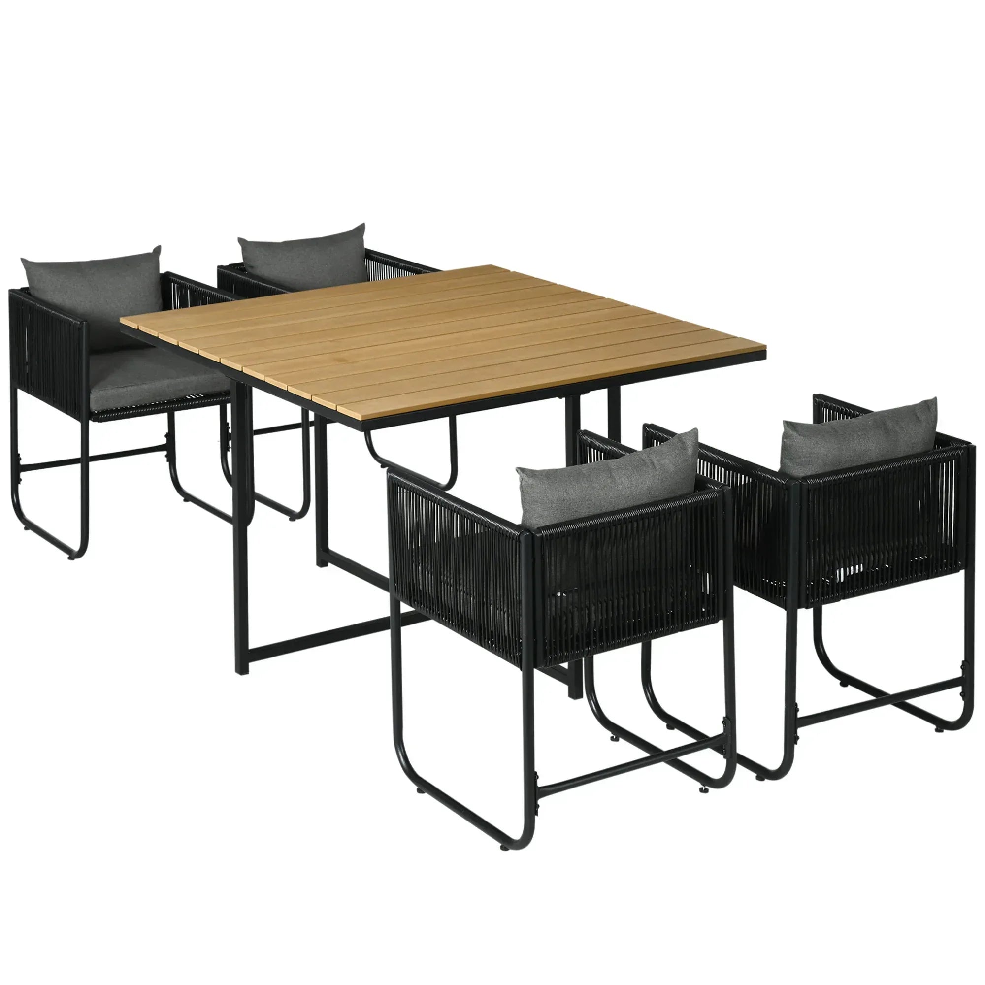 4 Seater Rattan Cube Garden Furniture Set, Rattan Dining Set with Cushions, Outdoor Dining Table and Chairs with Rectangular Wood Grain Plastic Top Table for Patio, Balcony, Black - Bobobiy