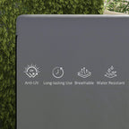 Dark grey swing chair bench cover with UV, breathable, and water resistant protection icons