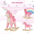 Pink plush rocking unicorn ride-on toy with wooden rocker base, side and back views