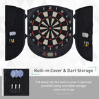 Black electronic dartboard with closed cabinet and darts stored in side cover