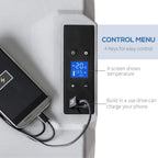Grey portable cooler control panel with blue temperature display and four buttons