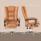 Light brown reclinable office chair with high back and adjustable footrest, side view