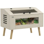 Oak-finish reptile vivarium with tempered glass front and black top handle, ventilated sides