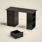 Black computer desk with side drawers and open shelving compartment