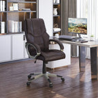 High-back faux leather office chair with armrests, swivel base, and padded seat