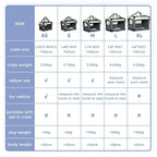 Pet carrier size guide chart showing XS to XL crate size, weight, and use